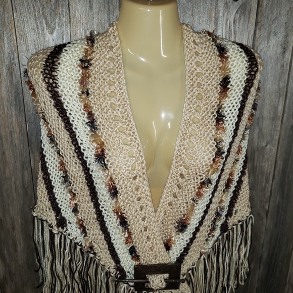 Beige Brown Hand Knitted Shawl Scarf Wrap Boho New - Picture 9 of 9